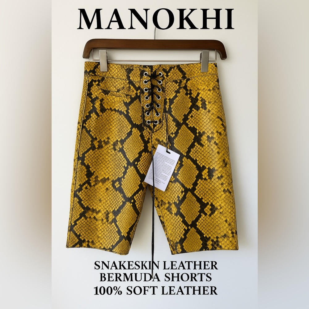 Manokhi Yellow Snakeskin Leather Bermuda Shorts M NWT Lace-Up Biker High Waist